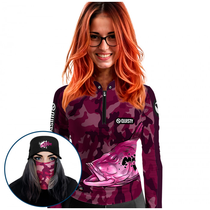 Super Combo Premium - Pro Elite Tucunaré Feminina Pesca Esportiva - Camisa + Punho Luva + Máscara + Boné DryUv50+