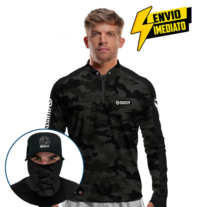 Super Combo Premium - Pro Elite Army Black Pesca Esportiva - Camisa + Punho Luva + Máscara + Boné DryUv50+ Pronta Entrega
