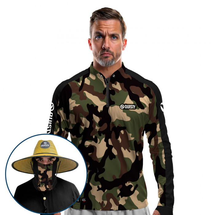 Combo VIP - Pro Elite Army Pantanal Pesca Esportiva - Camisa + Punho Luva + Máscara Premium + Chapéu DryUv50+