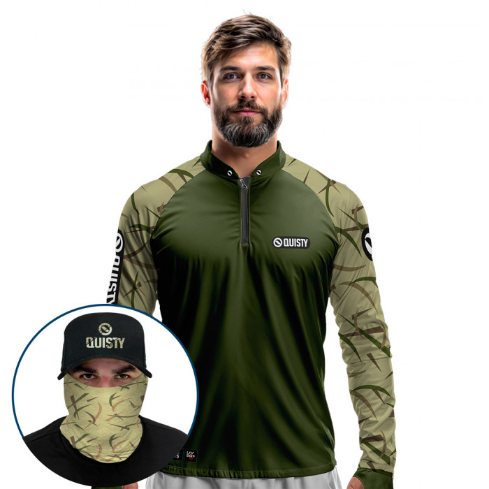 Super Combo Premium - Pro Elite Black Bass Kid Ocelos Verde Musgo Pesca Esportiva - Camisa + Punho Luva + Máscara + Boné DryUv50+