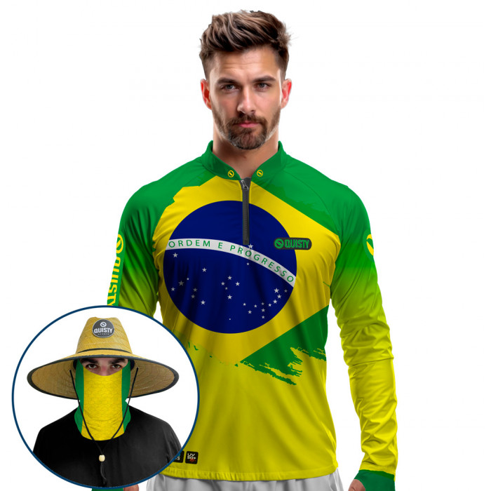 Super Combo VIP - Pro Elite Brasil Bandeira Pesca Esportiva  - Camisa + Punho Luva + Máscara Premium + Chapéu DryUv50+
