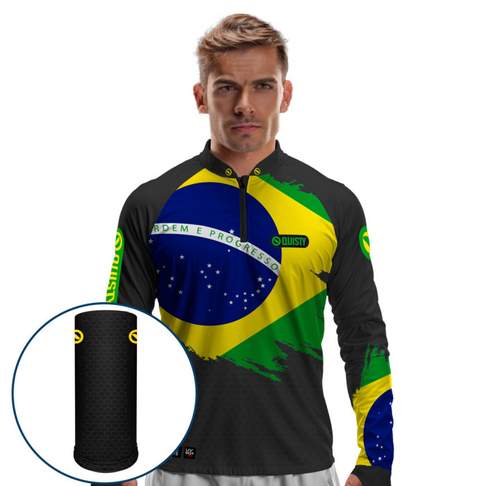 Combo Premium - Pro Elite Brasil Black Pesca Esportiva - Camisa + Punho Luva + Máscara Premium DryUv50+