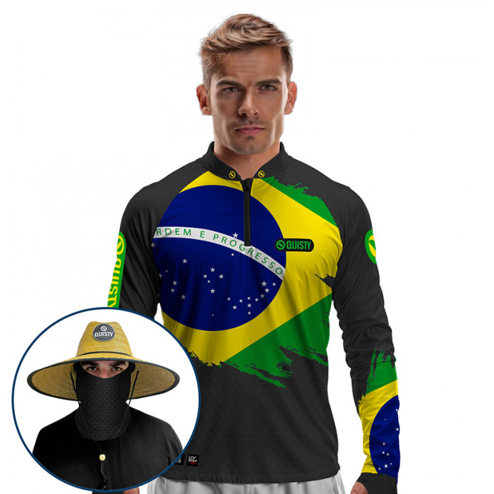 Super Combo VIP - Pro Elite Brasil Black Pesca Esportiva  - Camisa + Punho Luva + Máscara Premium + Chapéu DryUv50+