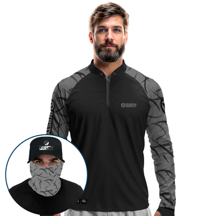 Super Combo Premium - Pro Elite Black Bass Kid Ocelos Black Pesca Esportiva - Camisa + Punho Luva + Máscara Premium + Boné Tela DryUv50+