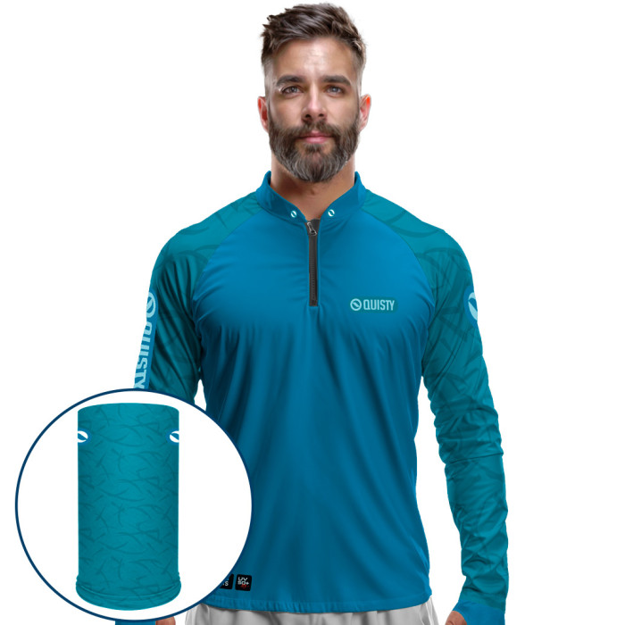 Combo Premium - Pro Elite Black Bass Kid Ocelos Blue - Camisa + Punho Luva + Máscara Premium DryUv50+