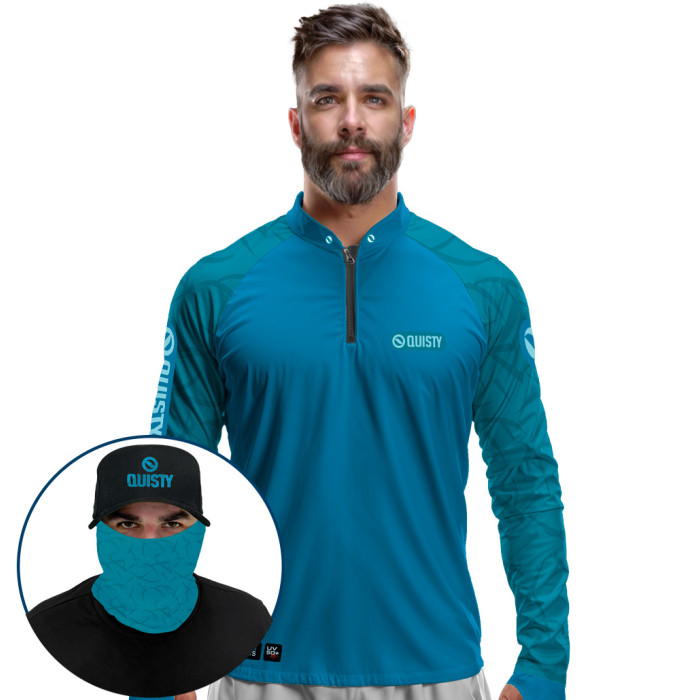 Super Combo Premium - Pro Elite Black Bass Kid Ocelos Blue Pesca Esportiva - Camisa + Punho Luva + Máscara Premium + Boné Tela DryUv50+