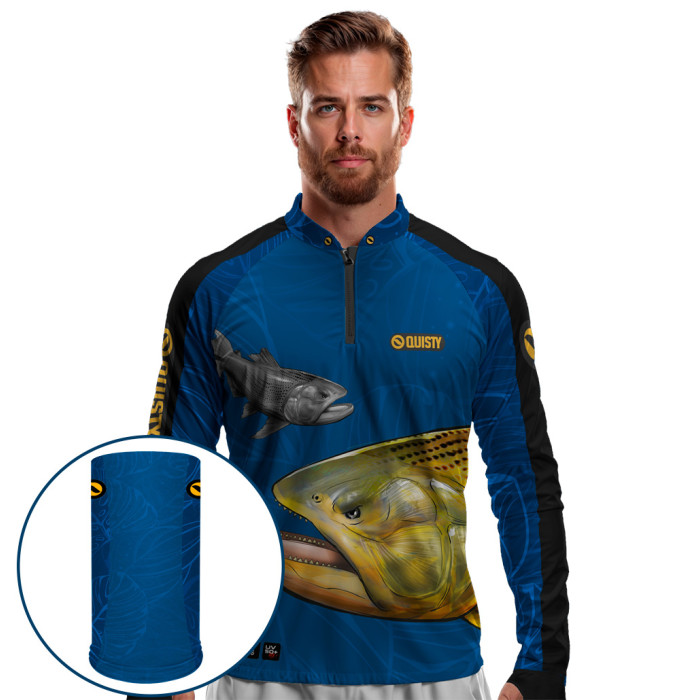 Combo Premium - Pro Elite Dourado Do Rio Blue Pesca Esportiva - Camisa + Punho Luva + Máscara Premium DryUv50+
