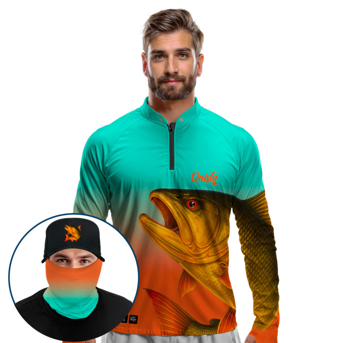 Super Combo Premium - Pro Elite Dourado do Rio Fúria Dourada Aurora - Camisa + Punho Luva + Máscara Premium + Boné Tela DryUv50+