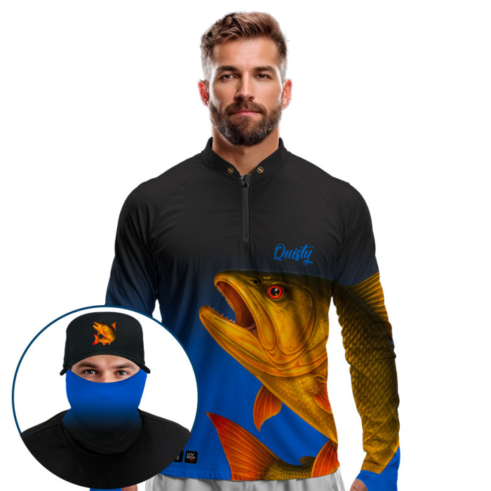Super Combo Premium - Pro Elite Dourado do Rio Fúria Dourada Oceano - Camisa + Punho Luva + Máscara Premium + Boné Tela DryUv50+