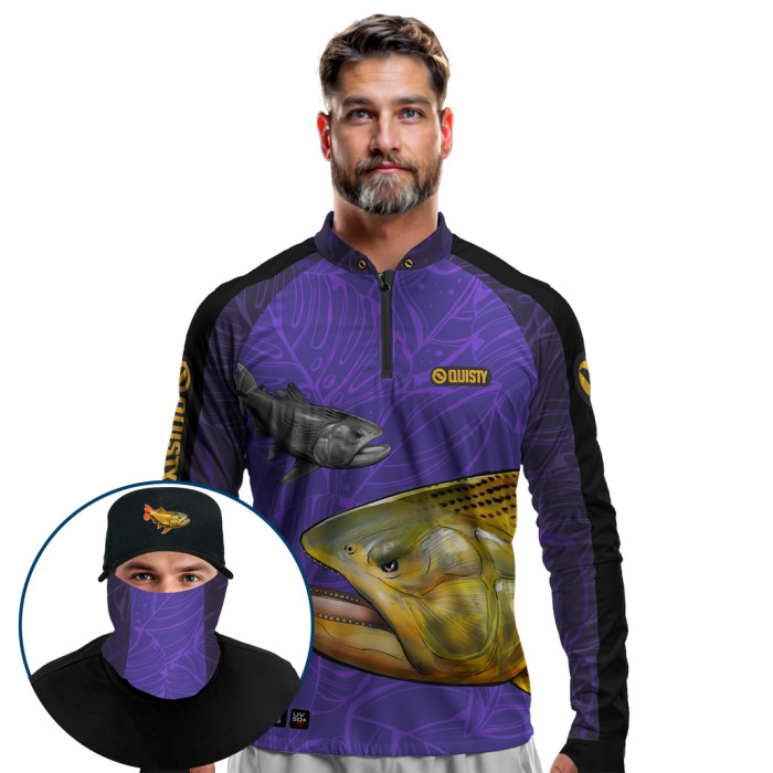 Super Combo Premium - Pro Elite Dourado Do Rio Roxo Pesca Esportiva - Camisa + Punho Luva + Máscara Premium + Boné Tela DryUv50+
