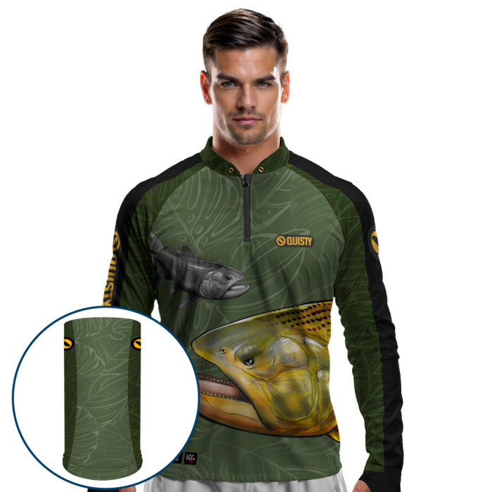 Combo Premium - Pro Elite Dourado Do Rio Verde Musgo Pesca Esportiva - Camisa + Punho Luva + Máscara Premium DryUv50+
