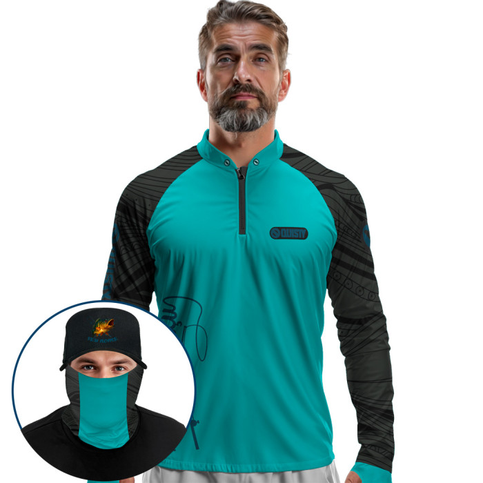 Super Combo Premium - Pro Elite Just Hook It Tucunaré Azul Maré - Camisa + Punho Luva + Máscara Premium + Boné Tela DryUv50+