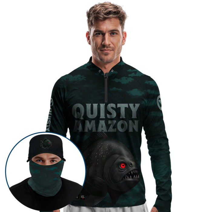 Super Combo Premium - Pro Elite Piranha Preta – A Predadora dos Rios  - Camisa + Punho Luva + Máscara Premium + Boné Tela DryUv50+