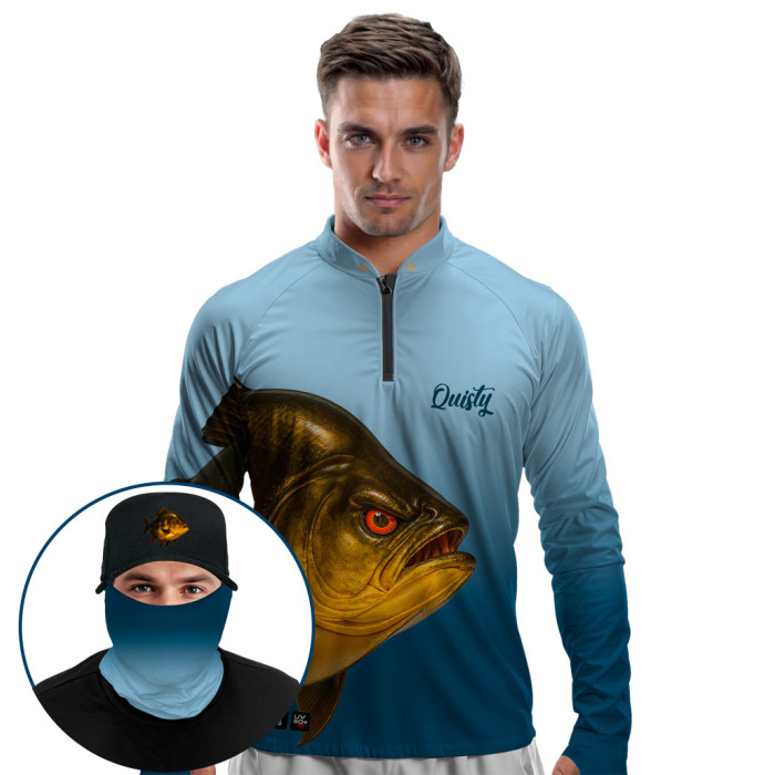 Super Combo Premium - Pro Elite Tambaqui Gigante da Amazônia Glaciar - Camisa + Punho Luva + Máscara Premium + Boné Tela DryUv50+