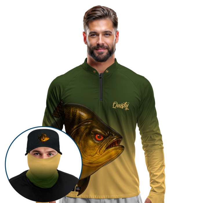 Super Combo Premium - Pro Elite Tambaqui Gigante da Amazônia Savanna - Camisa + Punho Luva + Máscara Premium + Boné Tela DryUv50+