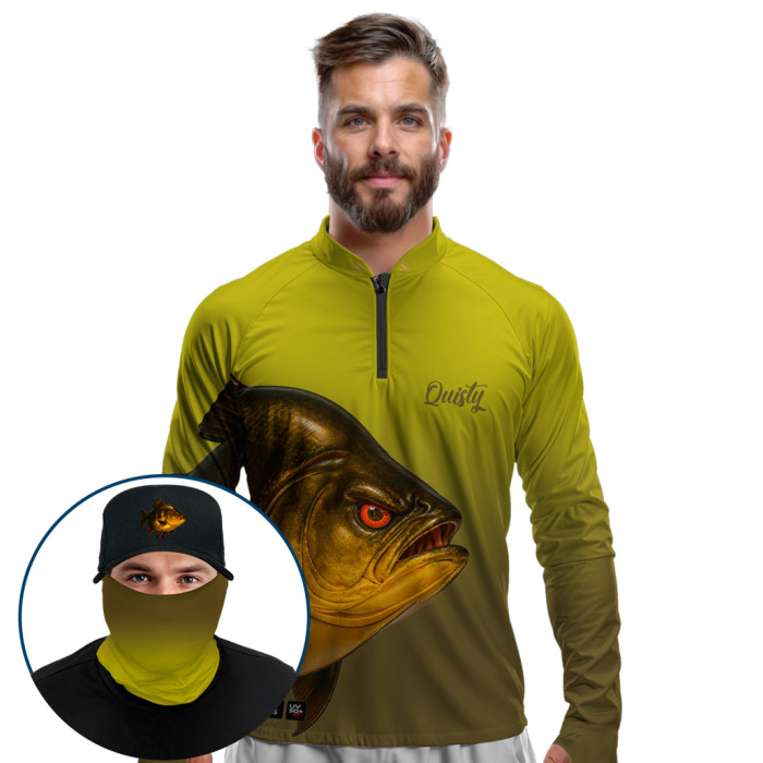 Super Combo Premium - Pro Elite Tambaqui Gigante da Amazônia Selva Dourada - Camisa + Punho Luva + Máscara Premium + Boné Tela DryUv50+