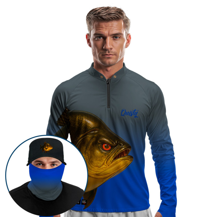 Super Combo Premium - Pro Elite Tambaqui Gigante da Amazônia Titanium - Camisa + Punho Luva + Máscara Premium + Boné Tela DryUv50+