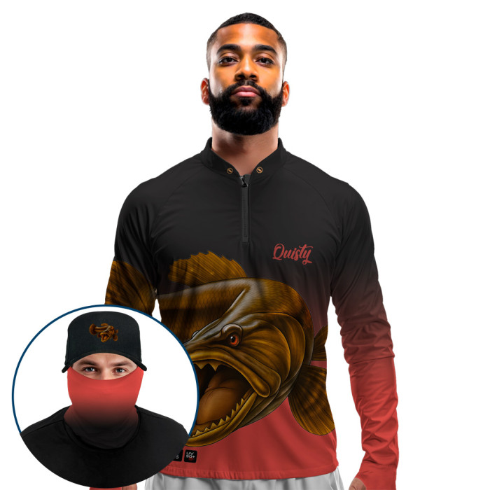 Super Combo Premium - Pro Elite Trairão O Predador dos Rios Inferno - Camisa + Punho Luva + Máscara Premium + Boné Tela DryUv50+