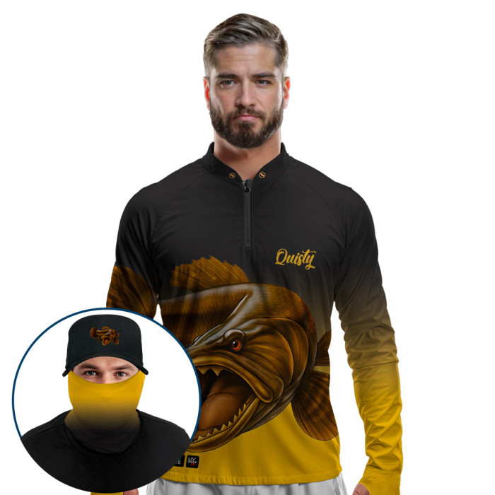 Super Combo Premium - Pro Elite Trairão O Predador dos Rios Ouro - Camisa + Punho Luva + Máscara Premium + Boné Tela DryUv50+