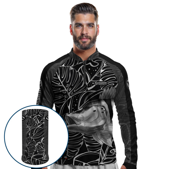 Combo Premium - Pro Elite Tucunaré Azul Black - Camisa + Punho Luva + Máscara Premium DryUv50+