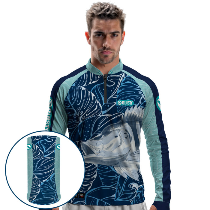 Combo Premium - Pro Elite Tucunaré Azul Sky - Camisa + Punho Luva + Máscara Premium DryUv50+