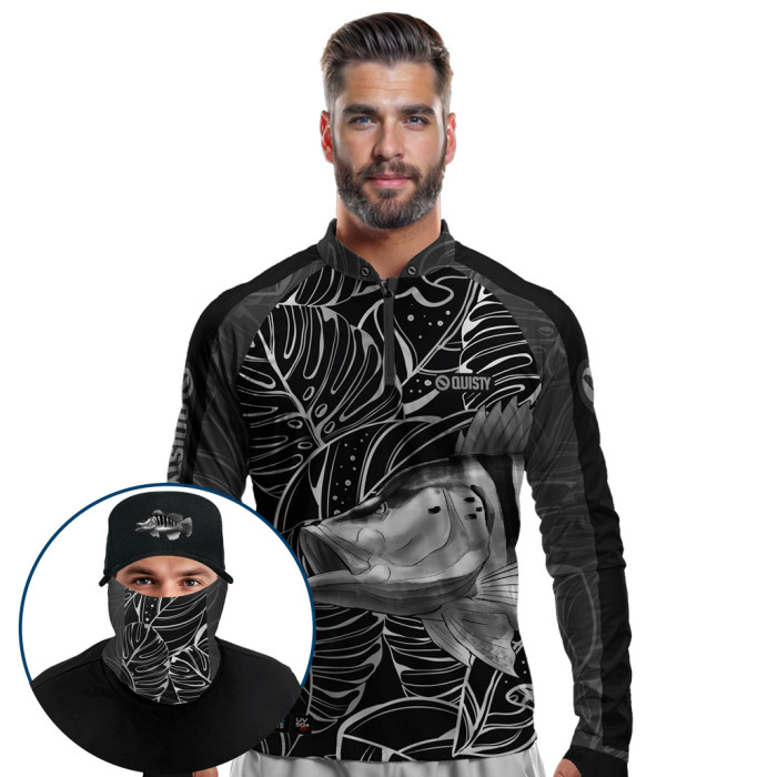 Super Combo Premium - Pro Elite Tucunaré Azul Black Pesca Esportiva - Camisa + Punho Luva + Máscara Premium + Boné Tela DryUv50+