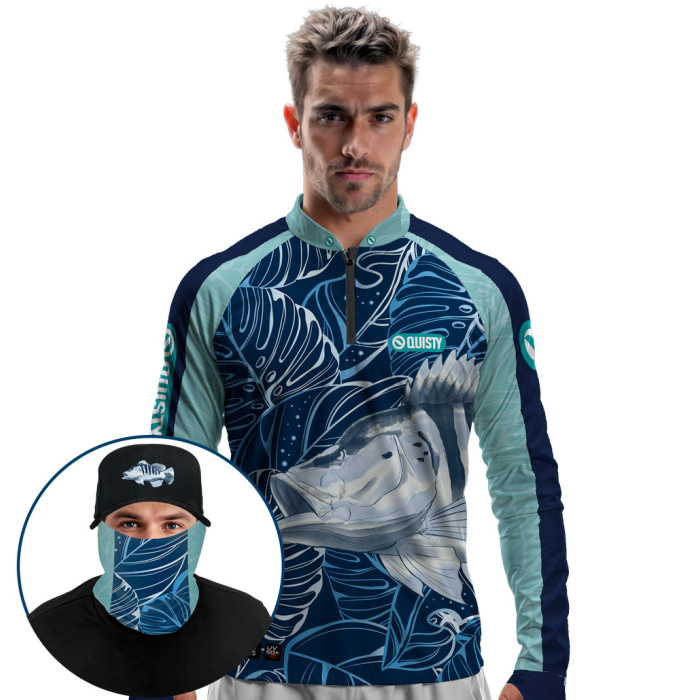 Super Combo Premium - Pro Elite Tucunaré Azul Sky Pesca Esportiva - Camisa + Punho Luva + Máscara Premium + Boné Tela DryUv50+