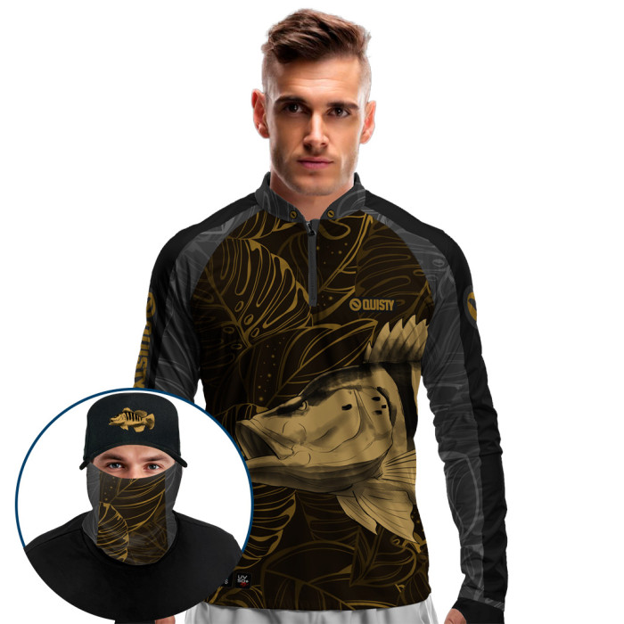 Super Combo Premium - Pro Elite Tucunaré Azul Gold Pesca Esportiva - Camisa + Punho Luva + Máscara Premium + Boné Tela DryUv50+
