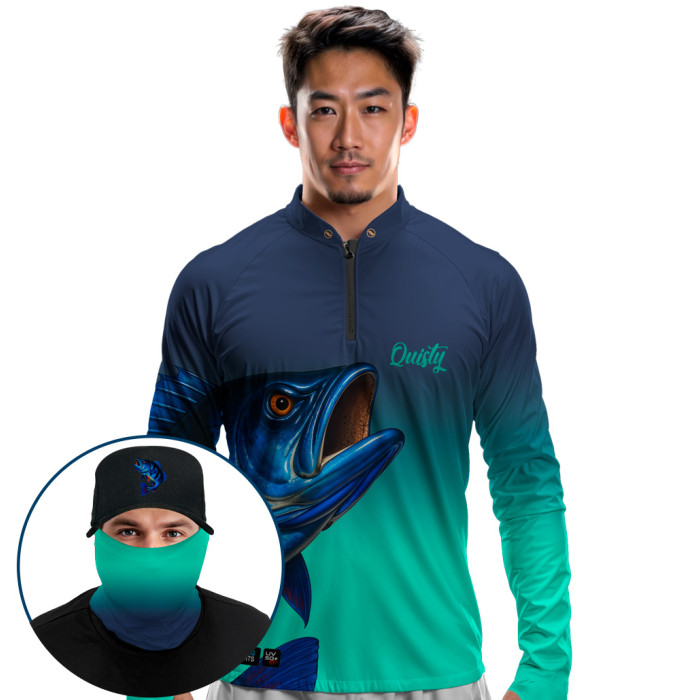 Super Combo Premium - Pro Elite Tucunaré azul Lenda do Azulão Atlântico - Camisa + Punho Luva + Máscara Premium + Boné Tela DryUv50+