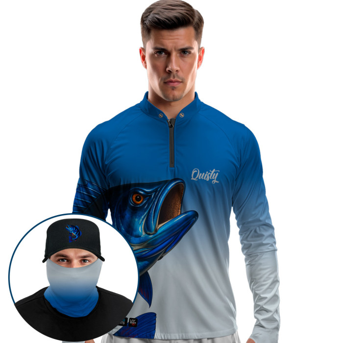 Super Combo Premium - Pro Elite Tucunaré azul Lenda do Azulão Glaciar - Camisa + Punho Luva + Máscara Premium + Boné Tela DryUv50+