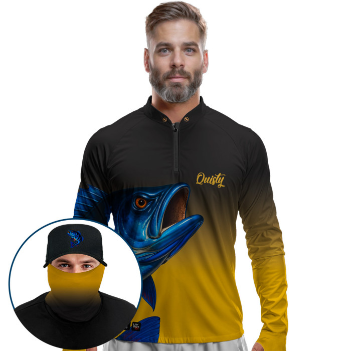 Super Combo Premium - Pro Elite Tucunaré azul Lenda do Azulão Ouro - Camisa + Punho Luva + Máscara Premium + Boné Tela DryUv50+