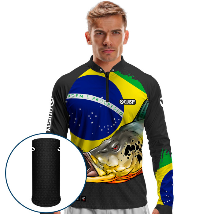 Combo Premium - Pro Elite Tucunaré Orgulho Brasileiro Pesca Esportiva - Camisa + Punho Luva + Máscara Premium DryUv50+