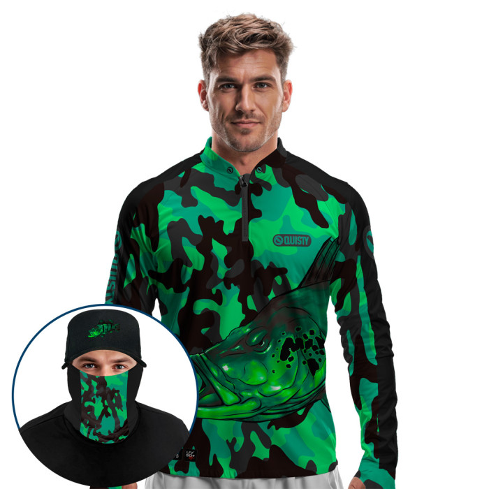 Super Combo Premium - Pro Elite Tucunaré Pantanal Green Pesca Esportiva - Camisa + Punho Luva + Máscara Premium + Boné Tela DryUv50+