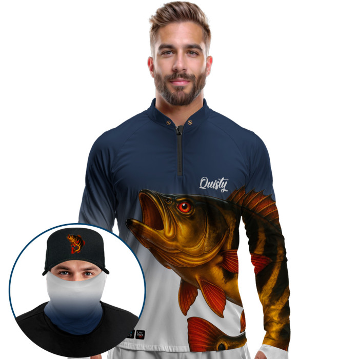 Super Combo Premium - Pro Elite Tucunaré Açu O Soberano das Águas Nobre - Camisa + Punho Luva + Máscara Premium + Boné Tela DryUv50+