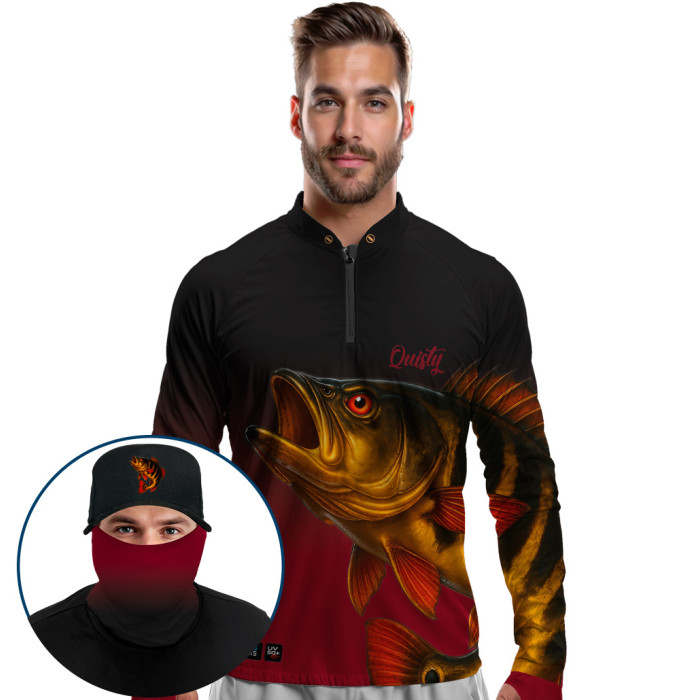 Super Combo Premium - Pro Elite Tucunaré Açu O Soberano das Águas Royal - Camisa + Punho Luva + Máscara Premium + Boné Tela DryUv50+