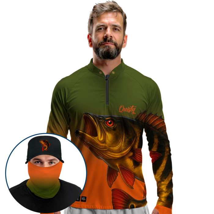 Super Combo Premium - Pro Elite Tucunaré Açu O Soberano das Águas Selvagem - Camisa + Punho Luva + Máscara Premium + Boné Tela DryUv50+