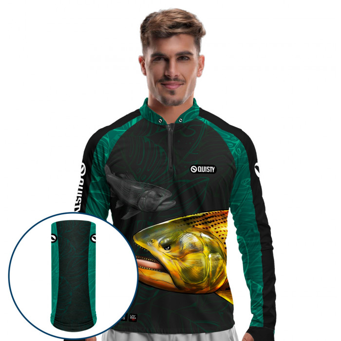 Combo Premium - Pro Elite Dourado Rei do Rio Azul Pesca Esportiva - Camisa + Punho Luva + Máscara DryUv50