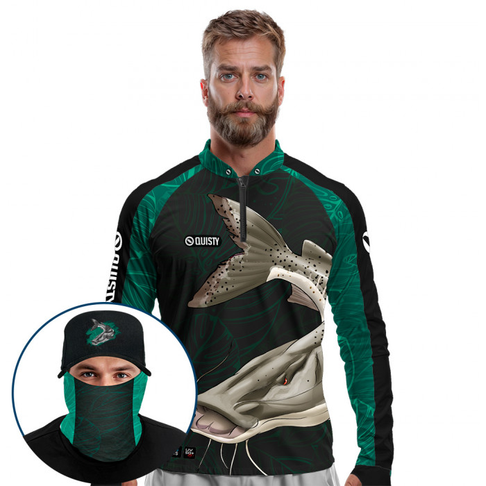 Super Combo Premium - Pro Elite Pintado Azul Pesca Esportiva - Camisa + Punho Luva + Máscara + Boné DryUv50+