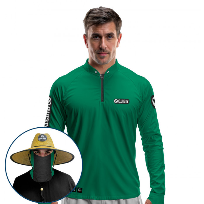 Super Combo VIP - Pro Elite Sport Clean Green Flag - Camisa + Punho Luva + Máscara + Chapéu DryUv50+
