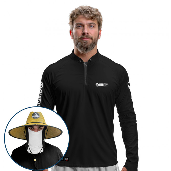 Super Combo VIP - Pro Elite Sport Clean Preta - Camisa + Punho Luva + Máscara + Chapéu DryUv50+