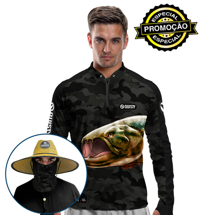 Super Combo VIP Pro Elite Trairão Pesca Esportiva Camisa + Máscara + Chapéu DryUv50+