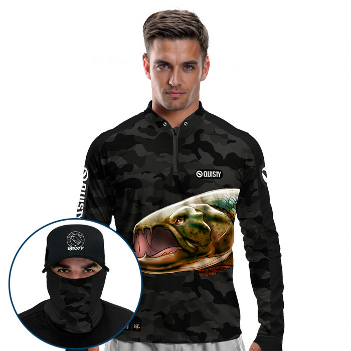 Super Combo Premium - Pro Elite Trairão Pesca Esportiva - Camisa + Punho Luva + Máscara + Boné DryUv50+