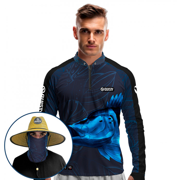Combo VIP - Pro Elite Tucunaré Azul Blue Pesca Esportiva - Camisa + Punho Luva + Máscara Premium + Chapéu DryUv50+