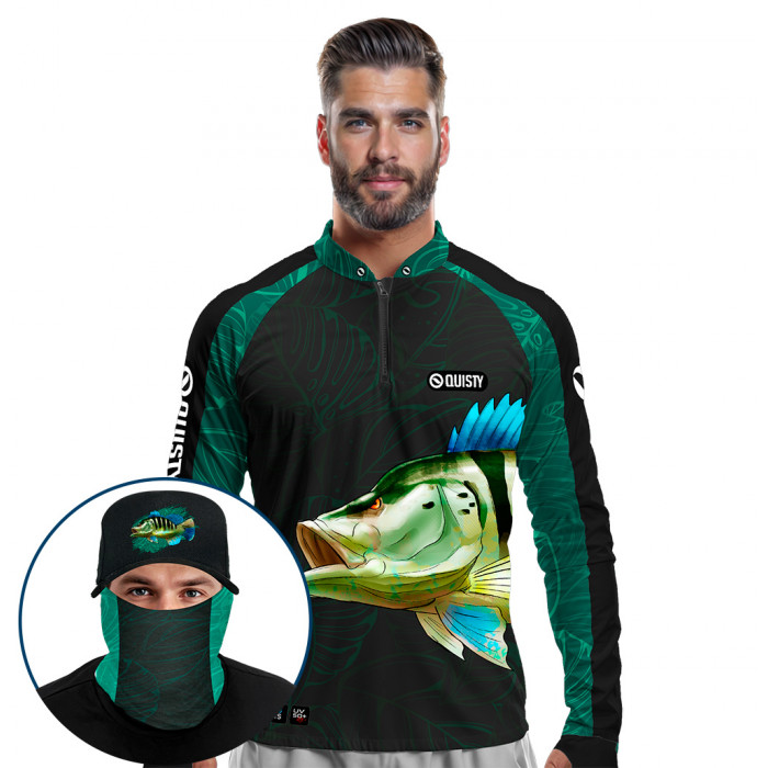 Super Combo Premium - Pro Elite Tucunaré Azul Pesca Esportiva - Camisa + Punho Luva + Máscara + Boné Tela DryUv50+