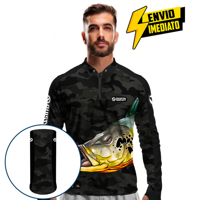 Combo Premium - Pro Elite Tucunaré Black Pesca Esportiva - Camisa + Punho Luva + Máscara DryUv50+ - Envio Imediato