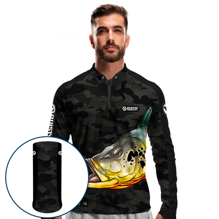 Combo Premium - Pro Elite Tucunaré Black Pesca Esportiva - Camisa + Máscara Premium DryUv50+