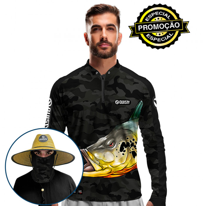 Super Combo VIP - Pro Elite Tucunaré Pantanal Black Pesca Esportiva - Camisa + Punho Luva + Máscara + Chapéu DryUv50+