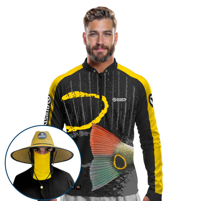 Super Combo VIP - Pro Elite Tucunaré Cauda Pesca Esportiva - Camisa + Punho Luva + Máscara Premium + Chapéu DryUv50+