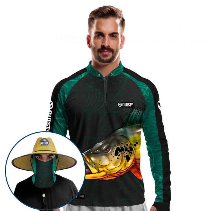 Super Combo VIP - Pro Elite Tucunaré Pantanal Azul Pesca Esportiva - Camisa + Punho Luva + Máscara + Chapéu DryUv50+