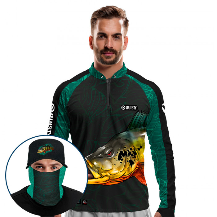 Super Combo Premium - Pro Elite Tucunaré Pantanal Azul Pesca Esportiva - Camisa + Punho Luva + Máscara + Boné DryUv50+